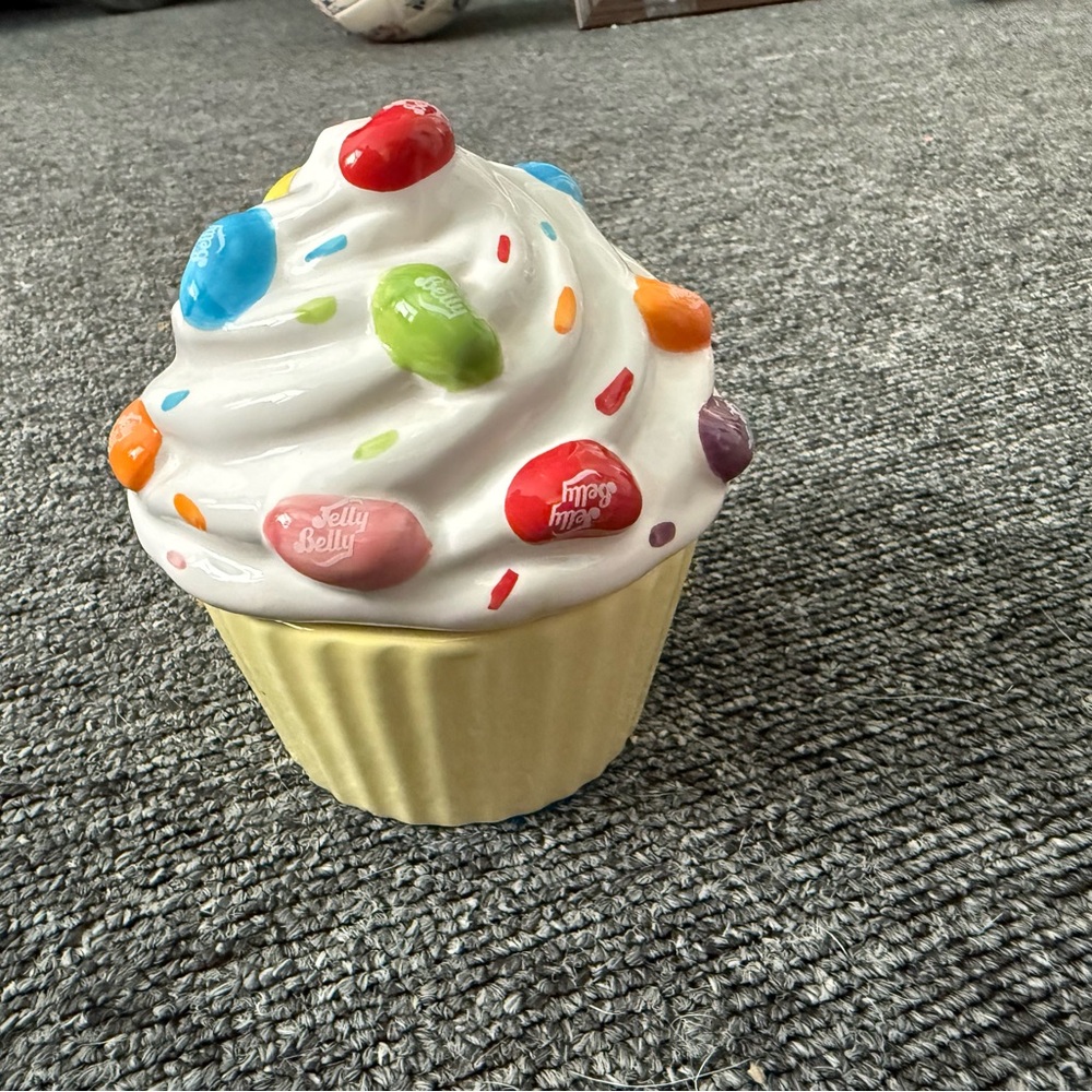 Jelly Belly Ceramic Cupcake Candy Jar with Colorful Accents